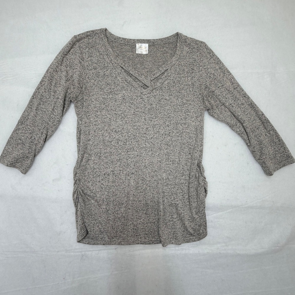 Sirenlily Maternity Grey Marl Ruched Side Criss Cross V-Neck 3/4 Sleeve Top M
